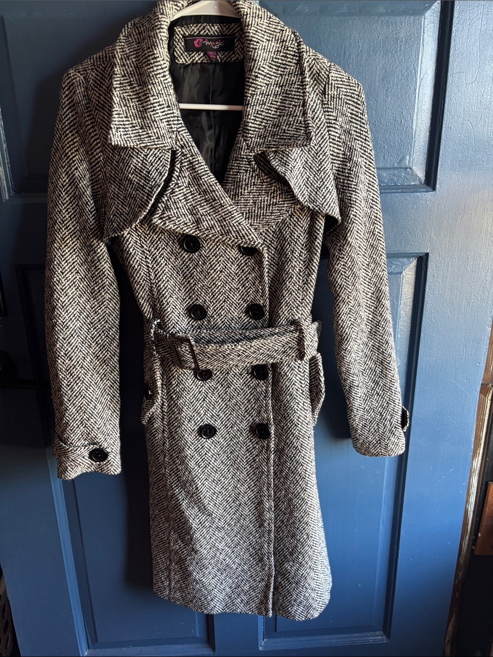 White and Black Herringbone Double-Breasted Trench Coat